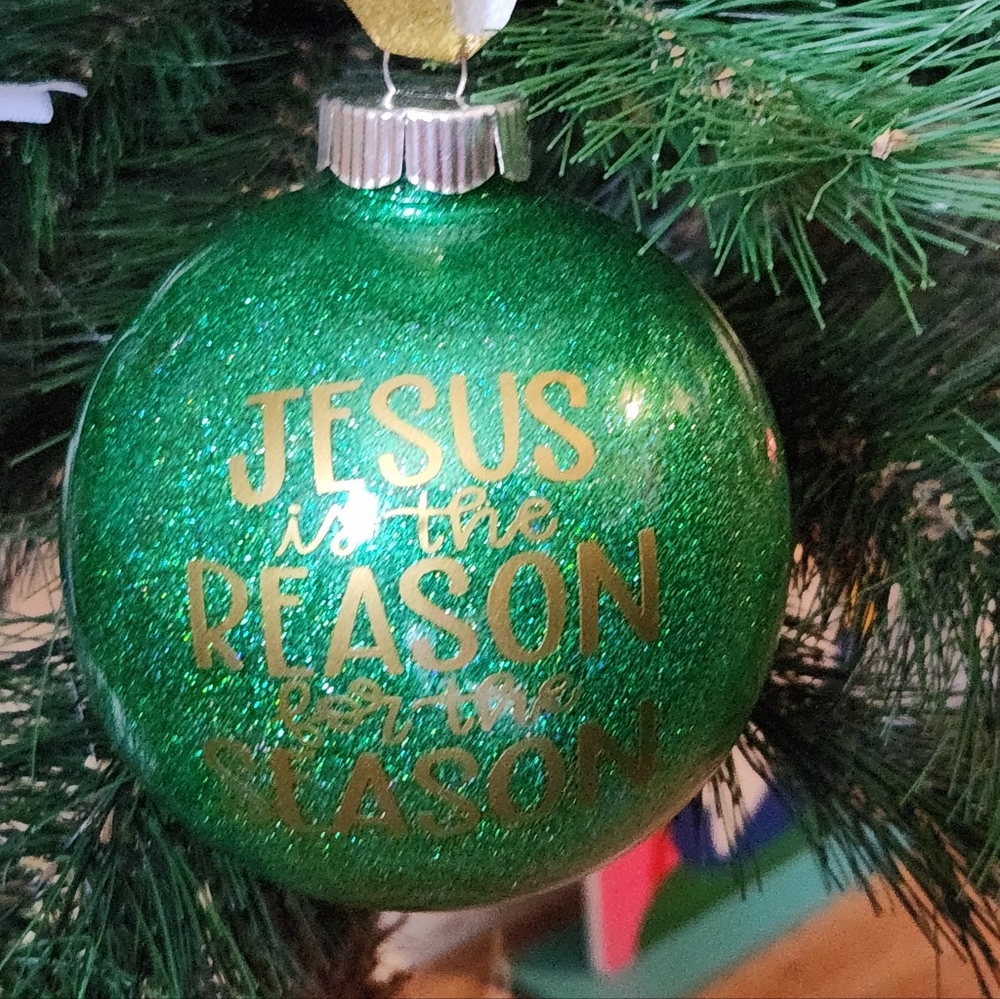 Green Glitter and Gold Christmas Ornament Jesus Is The Reason For The Season
